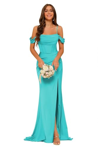 Women's Off Shoulder Satin Bridesmaid Dresses Spaghetti Straps Long Mermaid Formal Dresses with Slit RA018