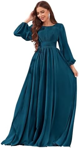 petyoo Long Sleeve Chiffon Bridesmaid Dresses Pleated Formal Evening Gown