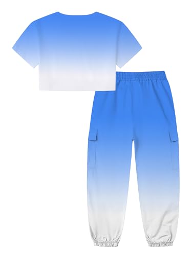 Image of Betusline Girls' Gradient Short Sleeve Crop Tops & Cargo Pants Set, Regular Fit，Perfect for Young Girl，Sky Blue Gradient, 11-12 Years = Tag 160