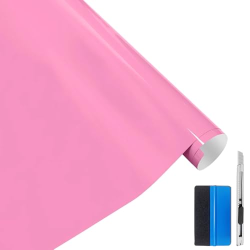 LZLRUN High Gloss Vinyl Realistic Paint Wrap Roll Car Sticker Film Decal Bubble Free Come with Installation Tool Set (Pink, 1ft x 5ft)