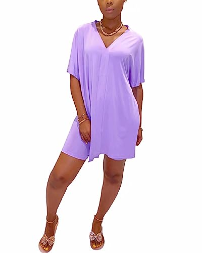 Women Casual Oversized Two Piece Outfits Batwing Sleeve Split Caftan Poncho Tops Shorts Set Tracksuit Jumpsuit Purple XL