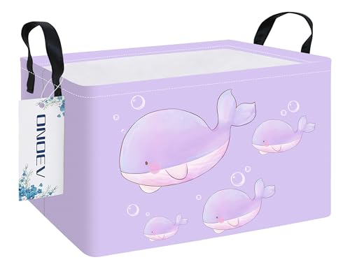 Image of Rectangular Purple Whale Waterproof Collapsible Storage Bin Organizer | stain-proof canvas, reinforced handles, planet print for laundry, study, living room, hallway, closet and playroom