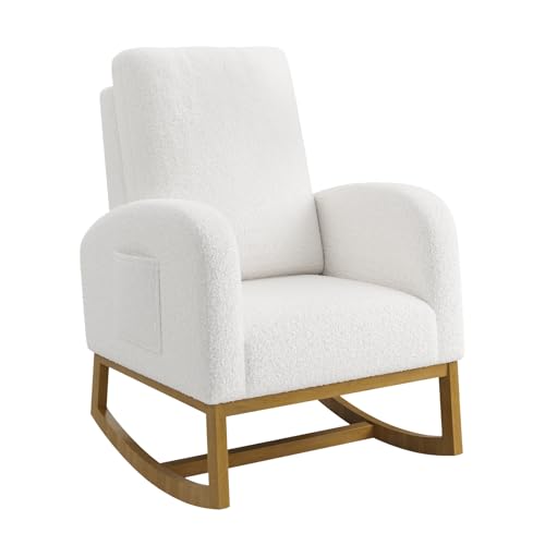 dainslef Teddy Upholstered Rocking Chair Nursery, Glider Rocker Chair with High Backrest and Side Pocket, High Back Accent Chair with Wood Legs, Comfy Side Chair for Nursery- White