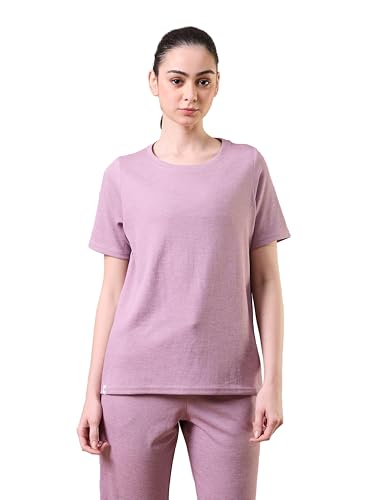 Image of TECHNOSPORT Women Relaxed Fit Cubic Melange Round Neck T-Shirt | Quick Dry Polyester Casual Tee with UPF 50+ UV Protection, Anti-Microbial & Double Cool Technology