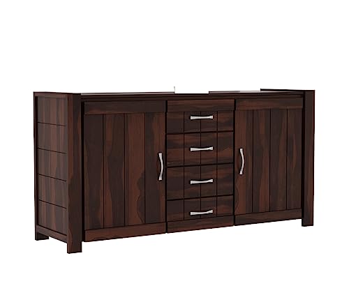 Image of Solid Sheesham Wood Wooden Sideboard Storage Cabinet & Chest of Drawer : Ideal for Living Room and Bedroom with 4 Drawers and 4-Shelf Storage (Chevalier, Walnut Finish)