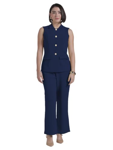 Image of Selvia Beige Lycra Textured Co-ord Set for Women, Button Front Waist Top and Trouser Pant