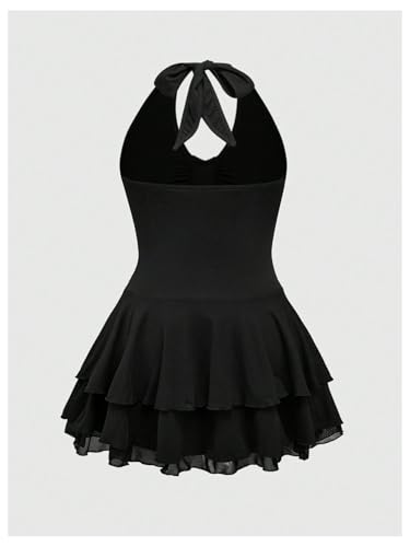 Women's Plus Size Y2k Halter Backless Mini Dress Flowy V Neck Tie Back Ruched A Line Grunge Punk Short Dresses2