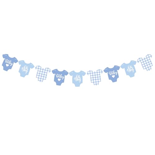 Image of Blue Gingham Baby Shower Banner, 9 Pieces Baby Blue Babysuit Garland Banner for It's a Boy Baby Shower Decoration
