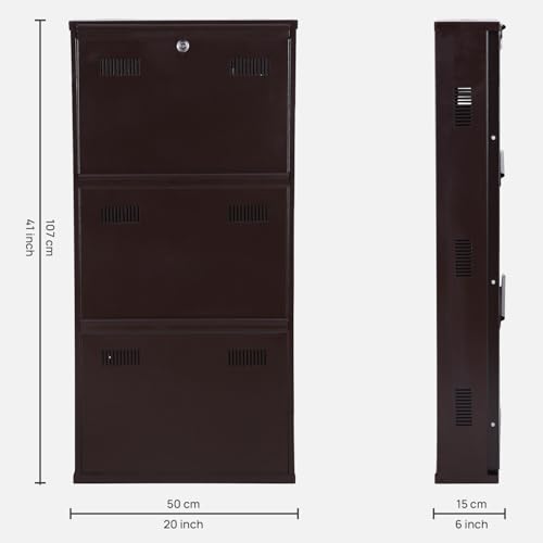Image of Metal Shoe Rack Wall Mounted for Home with Central Locking | 3 Door 20 inch Wall Mounted Metal 6 Pair Shoe Rack Cabinet | Pre-Assembled Rack Shelves | 3 Year Warranty (Brown)
