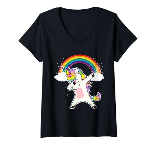 Femme Dabbing Unicorn Chemise mignonne arc-en-ciel Dab Dance T-Shirt avec Col en V