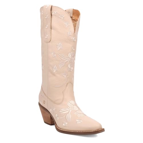 Dingo Womens Love Bug Floral Embroidered Snip Toe Casual Boots Mid Calf Mid Heel 2-3" - Beige2