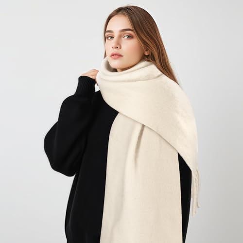 Premillow Women\'s Mohair Winter Scarf Pure Color, Warm Winter Scarf for Women and Men, Super Soft Luxurious Cashmere Feel Women Scarfs, Creamy - Thumbnail 4
