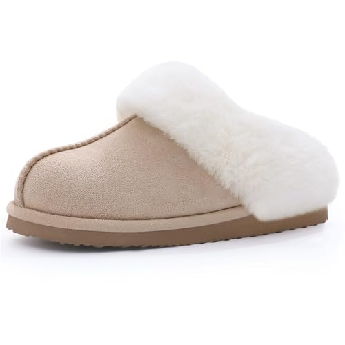 Litfun Women's Set of 2 Pairs - Fuzzy House Slippers (Size 7.5-8, Apricot) - Suede Mini Boots (Size 8-8.5, Chestnut)2