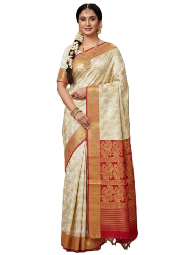 Image of NEW COLLECTION White Red Gold Border Bengali Saree for Women Traditional Kanjivaram Art Soft Silk Garad Durga Puja New Saree Trendy Banarasi Style Red Border Golden Zari Floral Red Blouse