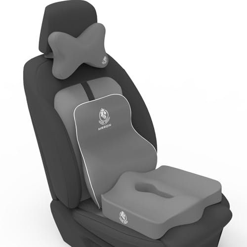 Image of MRRON Memory Foam Car Seat Cushion Combo - Backrest, Coccyx Cushion & Neckrest - Orthopedic Support for Back, Sciatica & Neck Pain - Ergonomic Comfort for Car, Office. (Grey, Long Back)