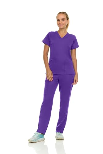 MediChic Scrubs for Women Stretch Set V-Neck Medical Nursing Scrub Set with Straight Leg Pants