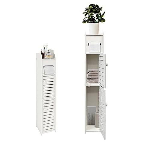 KISSWILL Small Bathroom Storage Cabinet, Slim Toilet Paper Storage Cabinet with 2 Doors & Shelves, Over Toilet Storage Cabinet for Skinny Bathroom Space Corner (White) Cover