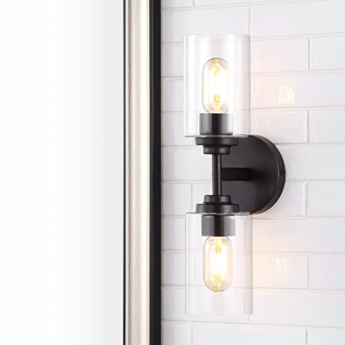 Image of JONATHAN Y 16 inch Oil Rubbed Bronze Farmhouse 2-Light Wall Sconce, Industrial Vanity Light for Bathroom Mirror, Entryway, Hallway, Clear Glass Cylinder Shades, LED Bulbs JYL9548A