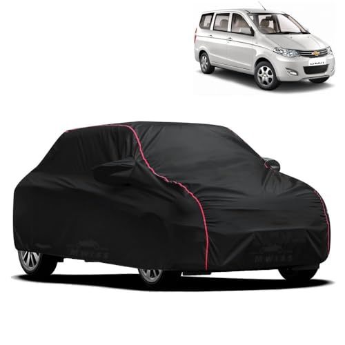 Image of Waterproof Car Cover for Chevrolet Enjoy | All-Weather Protection, Dustproof & UV Resistant | Triple Stitched Mirror Pockets, Windproof Buckle Strap with Elastic Hem, Black-Red Piping