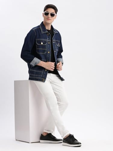 Image of SHOWOFFFF Men Solid Denim Jacket | Spread Collar Full Sleeves Denim Jacket for Mens | Slim Fit Regular Length Jacket for Men's