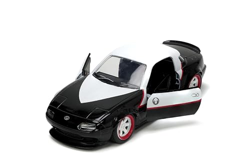 Jada 1990 Mazda Miata Black and White with Graphics and Ghost Spider Diecast Figure Spider-Man Marve