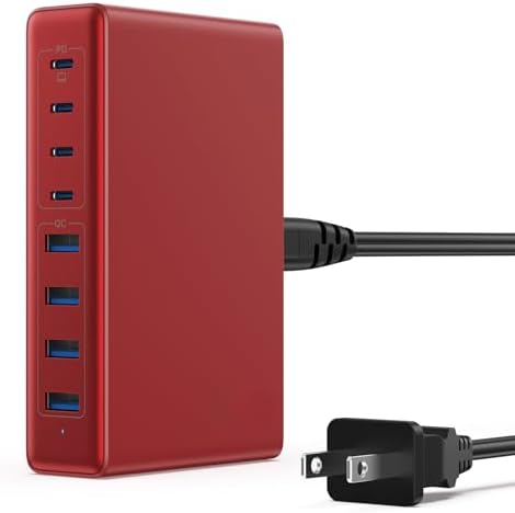 200W USB C Charger,GaN III 8-Ports USB C Charger Block,QC4.0 Fast Phone Charging Station Hub+PD 65W USB C Laptop Charger Adapter Compatible with MacBook Pro/Air,DELL,iPhone 16/15,iPad,Steam Deck-Red