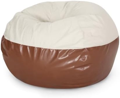 5 Foot Leather Bean Bag Chair for Kids, Two Color Fabric and Faux Leather Rounded Bean Bag with Removable Cover for Reading, Playing and Relaxing (Brown+Beige)