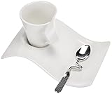 Plato con espacio para una pasta pequeña, Cuchara de acero inoxidable con curvatura para el borde de la taza, Mango NewWave que se adapta óptimamente a la mano