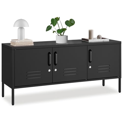 tectake® Aparador Metálico 3 Puertas con Cerradura Magnética, Mueble TV Salon, Estante Ajustable, Muebles de Salon, Protección Antivuelco, Muebles TV - 37,5 x 120 x 55,5 cm Negro