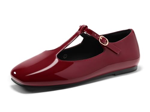 Coutgo Womens Mary Jane Flats T-Strap Closed Square Toe Ballet Flats Ankle Strap Dress Shoes...