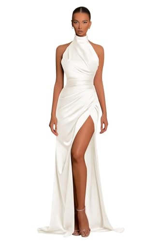 Meerjungfrau Neckholder Brautjungfernkleider FüR Frauen Lange Satin Abschlussballkleider Mit Geschlitzter Abendparty RüCkenfreies Maxikleid Ivory S