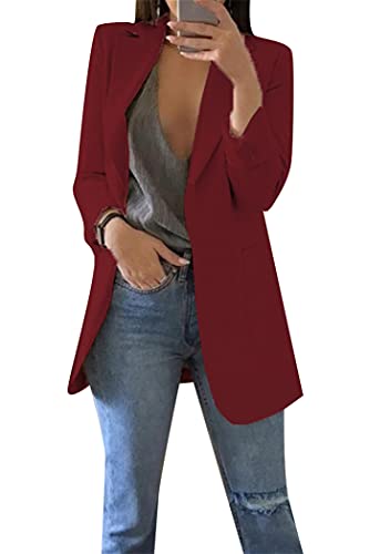 OMZIN Femmes Automne Ouvert Décontracté à Manches Longues Manteau Décontracté Lâche Veste Plaine Basique Blazer Costume Vin Rouge XXL