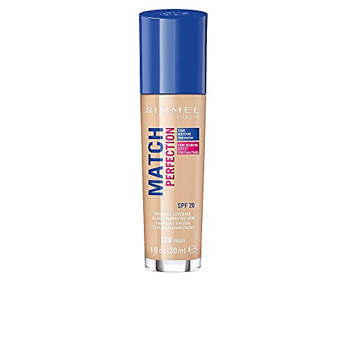 Rimmel London Match Perfection Natural Liquid Foundation (Ivory 100) Natural Finish, Medium Coverage For Combination Skin, 1 Count