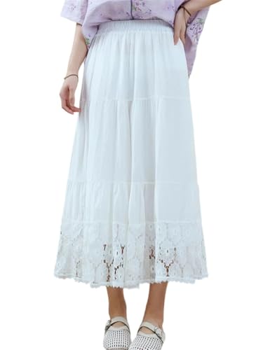 Women Lace Patchwork Midi Skirt Loose Daily Beach High Waist Slimming Cake A-Line Skirt3