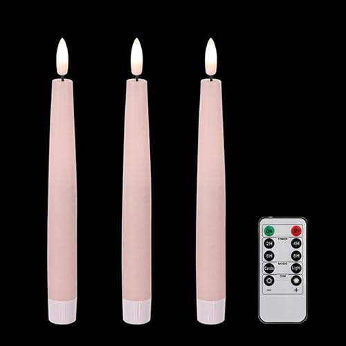 FREEPOWER 3er LED Stabkerzen Echtwachs mit Fernbedienung und Timer - Batteriebetrieben - Flackern Warmweißes Licht - Rosa Kerzen - 2x24,2cm