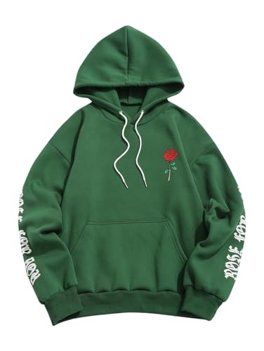 ZAFUL Men's Fleece Hoodie Unisex Rose Letter Print Hooded Pullover Kangaroo Pocket Sweatshirt Deep Green S