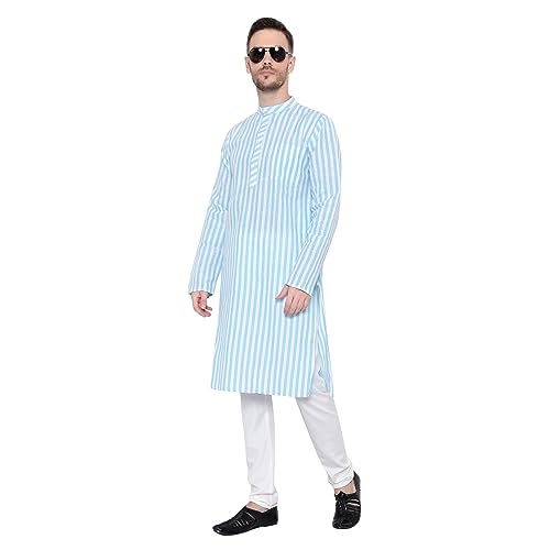 Image of LATEST CHIKAN Broad Striped Cotton Men's Long Kurtas