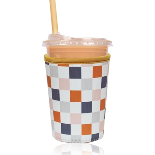Image of Reusable Insulated Sleeve for Iced Coffee Cup, Coffee Neoprene Sleeve for Cold & Hot Drinks, Beverage Holder for Iced Coffee (Muted Grid, Small: 16-18oz)
