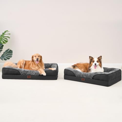 EHEYCIGA Orthopädisches Hundebett Mittelgroße Hunde, 91x68x17.5cm, Memory Foam Waschbar und Wasserdicht Hundekorb mit 4 Rändern, Hundesofa Hundecouch rutschfest, Grau/Schwarz