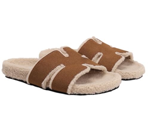 Fuzzy Slippers Women Indoor & Outdoor H Slipper Open Toe Wool Slipper Taupe Size 7