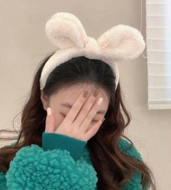Guqqeuc Diadema de orejas de conejo, diadema de felpa para mujeres y niñas, lindas diademas con lazo para lavar la cara, diademas de spa para niñas,