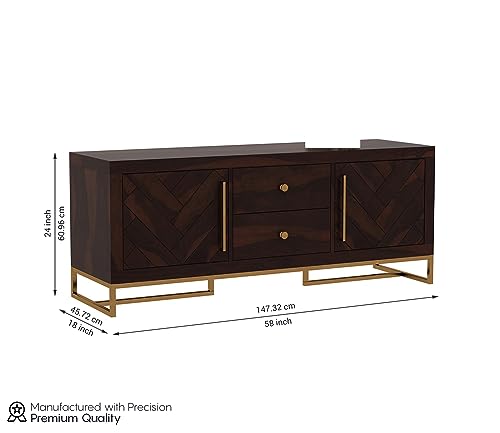 Image of Premium Solid Sheesham Wood TV Unit with 2 Drawers, 4 Shelves, and 2-Door Storage - Accommodates up to 55-Inch TV - Ideal for Living Room (Zane, Walnut Finish)