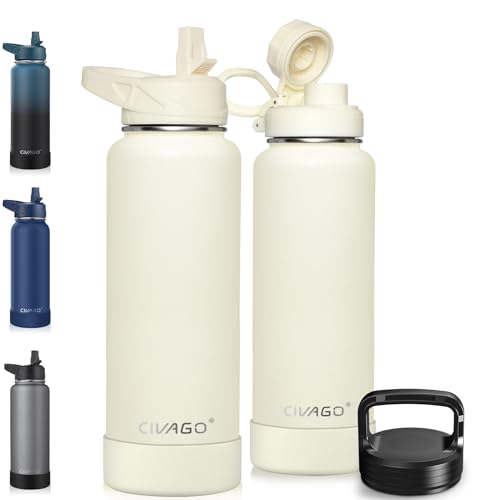 Image of CIVAGO 40 oz Insulated Water Bottle With Straw, Stainless Steel Sports Water Flask Cup with 3 Lids (Straw, Portable Spout and Handle Lid), Double Walled Travel Thermal Canteen Mug, Cream