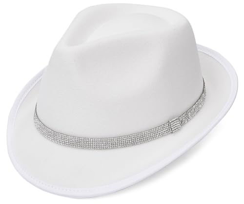 FADACHY Fedora Hats for Women & Men Trendy Short Brim Felt Hat with Rhinestone Belt Trilby Panama Dress Hat White Fedora