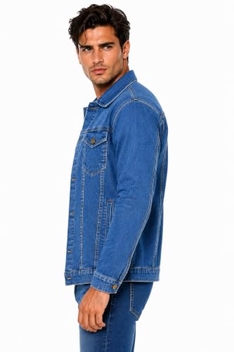 Image of Men's Blue Denim Jacket with Button Closure and Chest Pockets