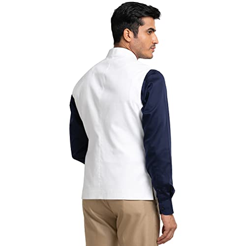 Image of Raymond Men's Contemporary Fit Pure Cotton Solid Pattern Sleeveless White Ceremonial Waistcoat