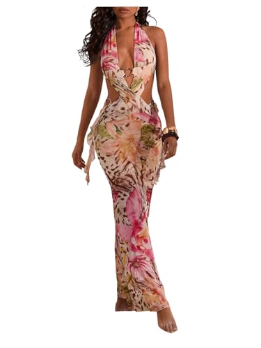 WDIRARA Women's Halter Cut Out Dress Floral Cheetah Print Asymmetrical Hem Sexy High Slit Mesh Ruffle Dresses Pink Flowers Large