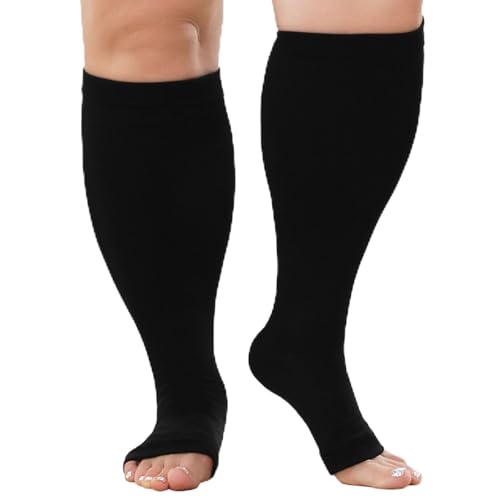 PUTUO Calcetines de Compresión para Hombre y Mujer: Medias de Compresion Talla Grande Punta Abierta para Mujeres Hombres para Correr Viajar Vuelo Ciclismo Embarazo 1 par Negro 6XL