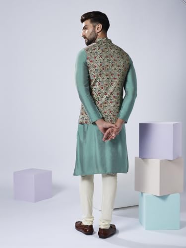 Image of KISAH Men Printed Kurta Jacket Set, Full Sleaves, Knee Length, Straight, Regular Fit, Mandarin Collar Ethnic Wear
