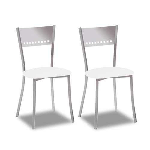 2 Sillas metálicas con respaldo de escalera y asiento tapizado - Estructura color aluminio - Asiento en Polipiel blanca